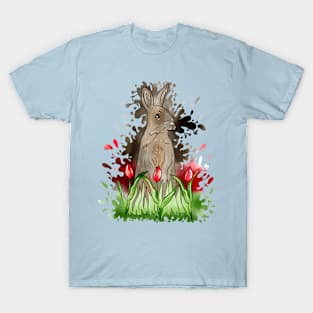 European Rabbit Watercolor Splash With Blue Background T-Shirt